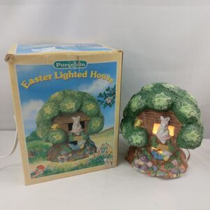 Vintage Porcelain Easter Bunny Village Light Up Tree House 6.5" With Light